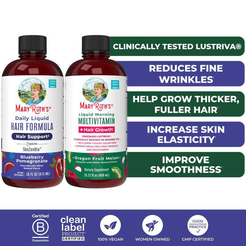 Maryruth’S Hair Care & Wellness Bundle – Daily Liquid Hair Formula 16 Oz & Liquid Morning Multivitamin + Hair Growth Dragon Fruit Melon