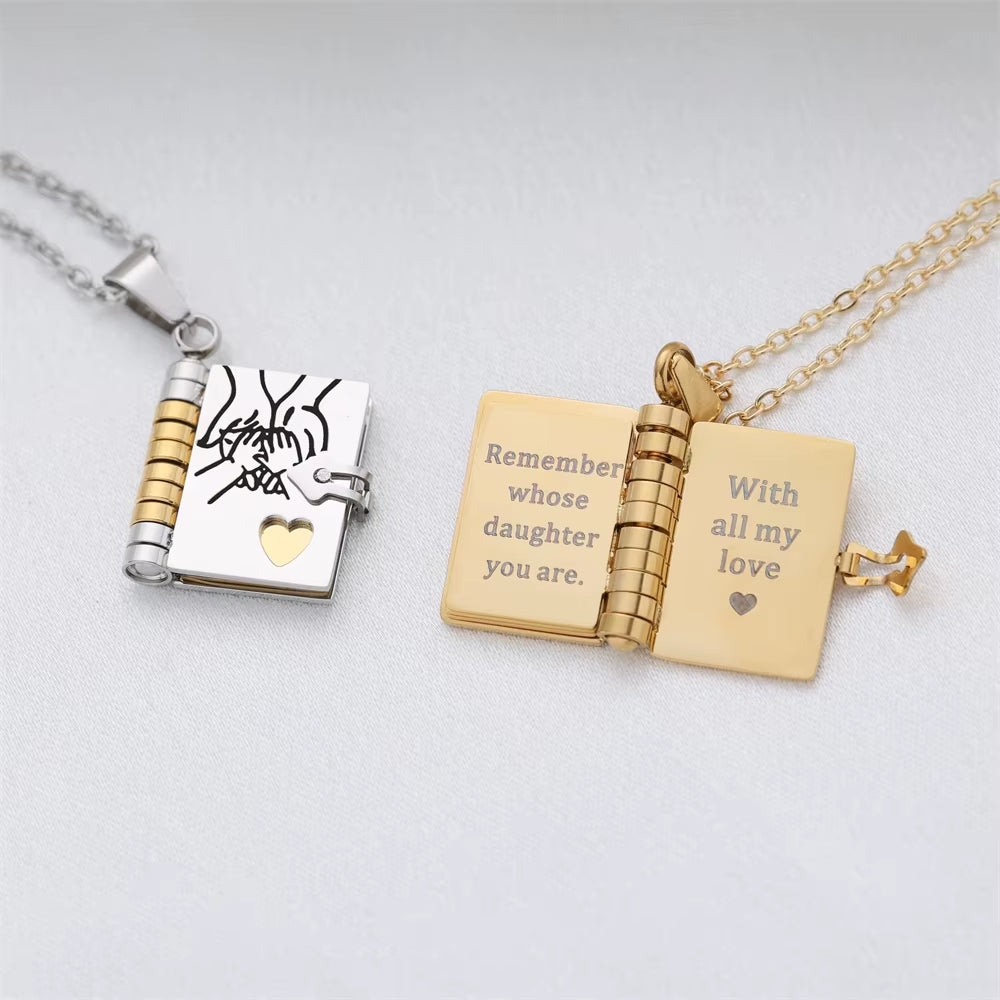Openable Book Locket Pendant Necklace My Son Daughter Book Necklaces Girl Boy Graduation Jewelry Steel Choker Birthday Gift