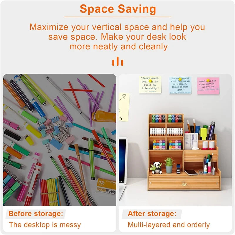 Bamboo Desk Organizer - Makeup & Pen Storage with Drawer & Pencil Holder for Office Organization