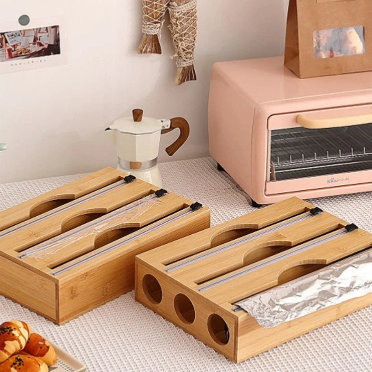 Wrapneat 3 in 1, 2In 1, 4 in 1, and 1 in 1, Wrap Organizer with Cutter and Labels, Plastic Wrap, Aluminum Foil and Wax Bamboo Dispenser for Kitchen Storage Organization Holder for 12" Roll
