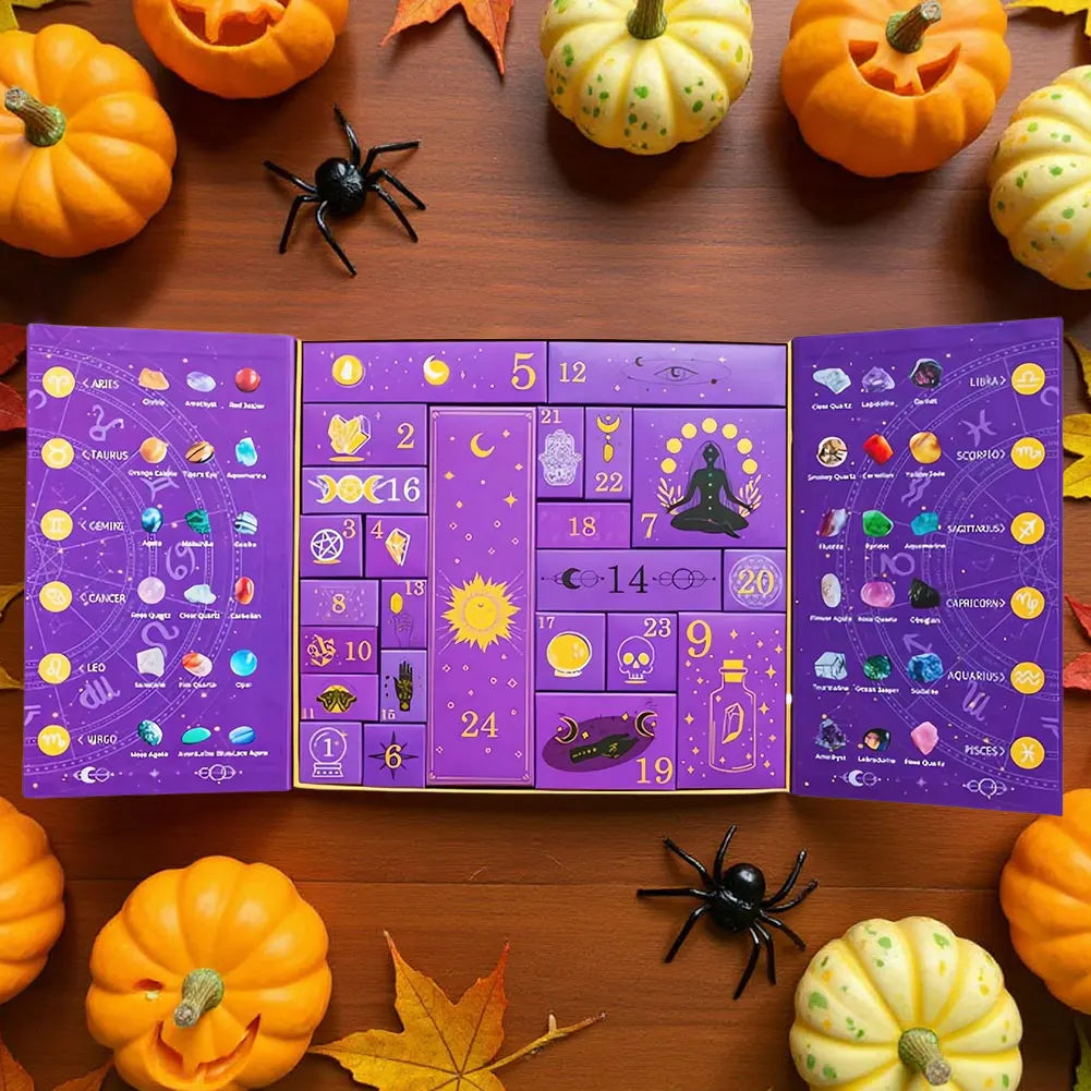 Reiki Crystal Advent Calendar 2025 Halloween Decoration Countdown Calendar Gift Box 24 Day Healing Stones Gifts for Kids Adults