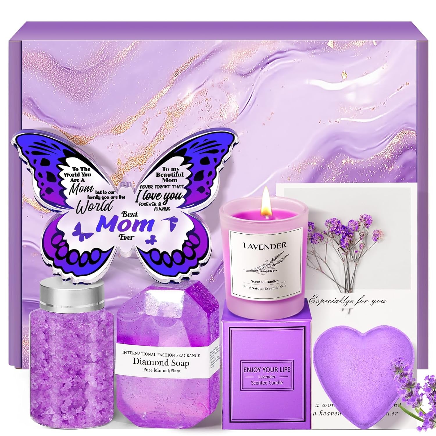 Christmas Gifts for Mom from Daughter Son: Relaxing Spa Gift Basket Set with Butterfly Acrylic Keepsake, Unique Birthday Present for Wife Grandma Her Friend Sister, Mothers Day, Thanksgiving