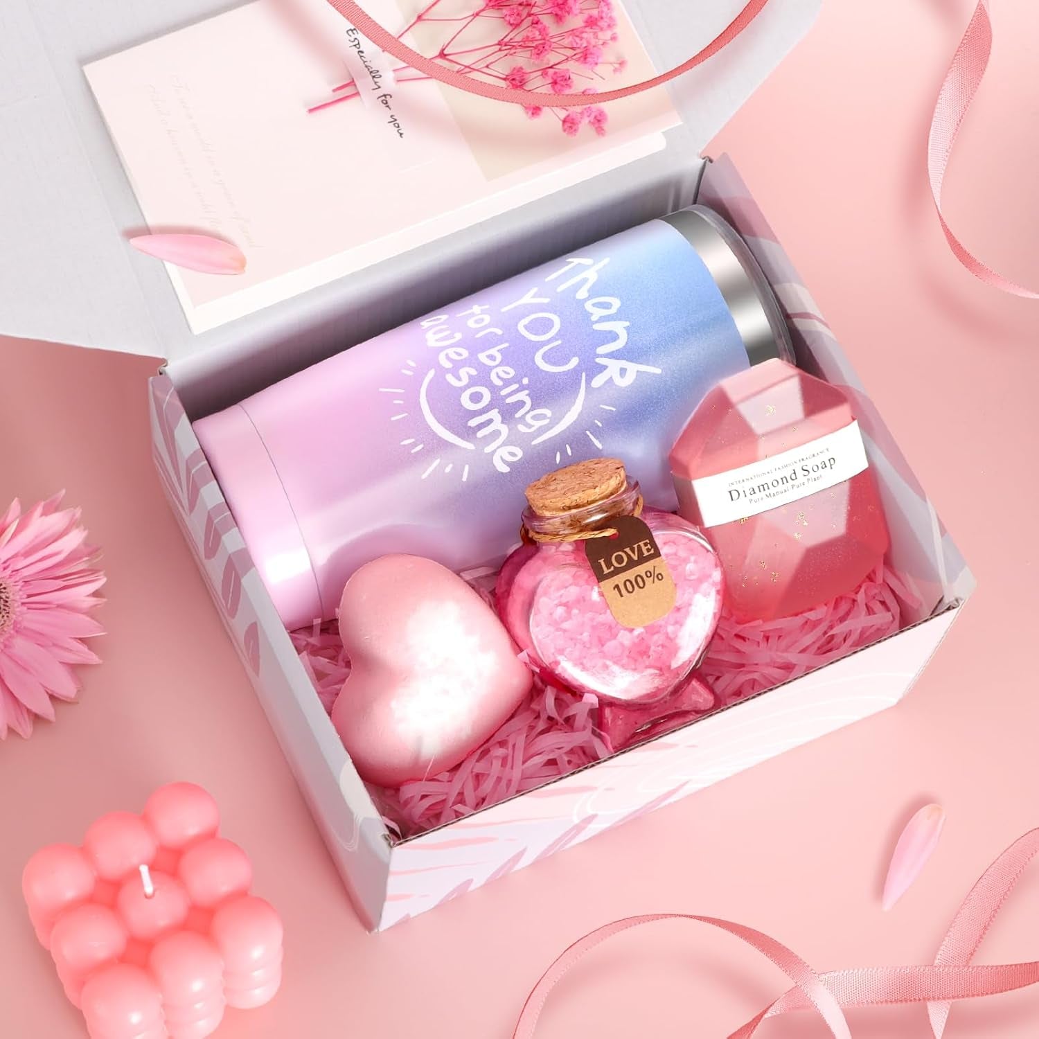 Birthday Gifts for Women, Thank You for Women Mothers Day Gifts for Mom Wife Sister Girlfriend Her -Pink Rose Spa Gift Basket Set