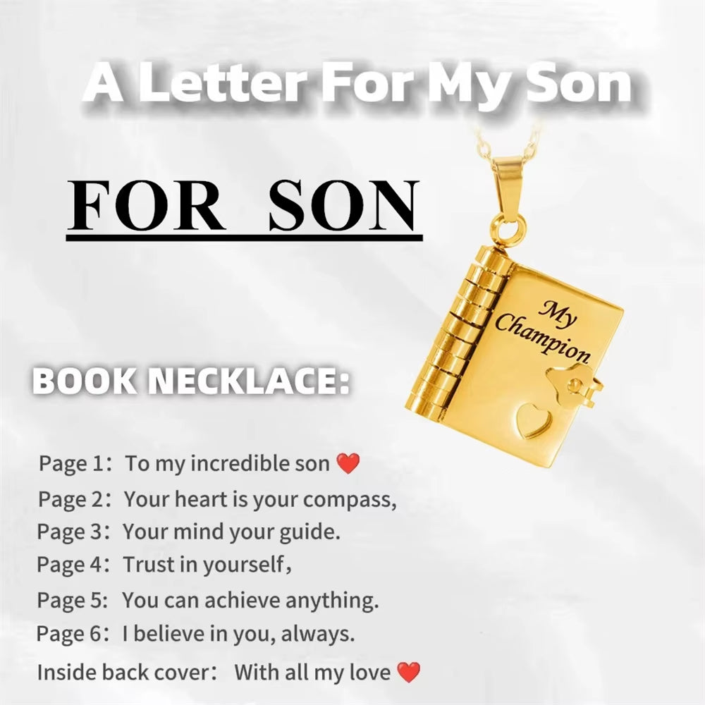 Openable Book Locket Pendant Necklace My Son Daughter Book Necklaces Girl Boy Graduation Jewelry Steel Choker Birthday Gift
