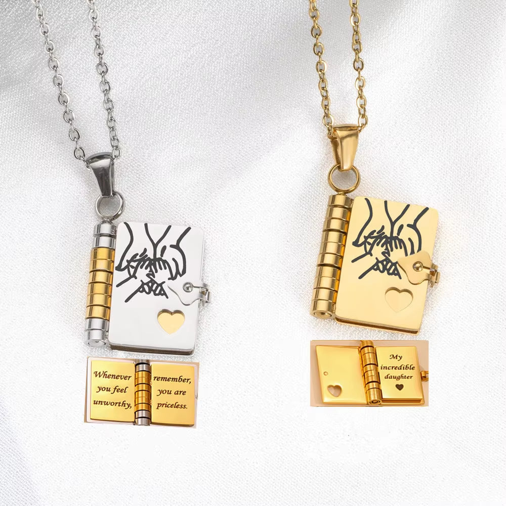Openable Book Locket Pendant Necklace My Son Daughter Book Necklaces Girl Boy Graduation Jewelry Steel Choker Birthday Gift